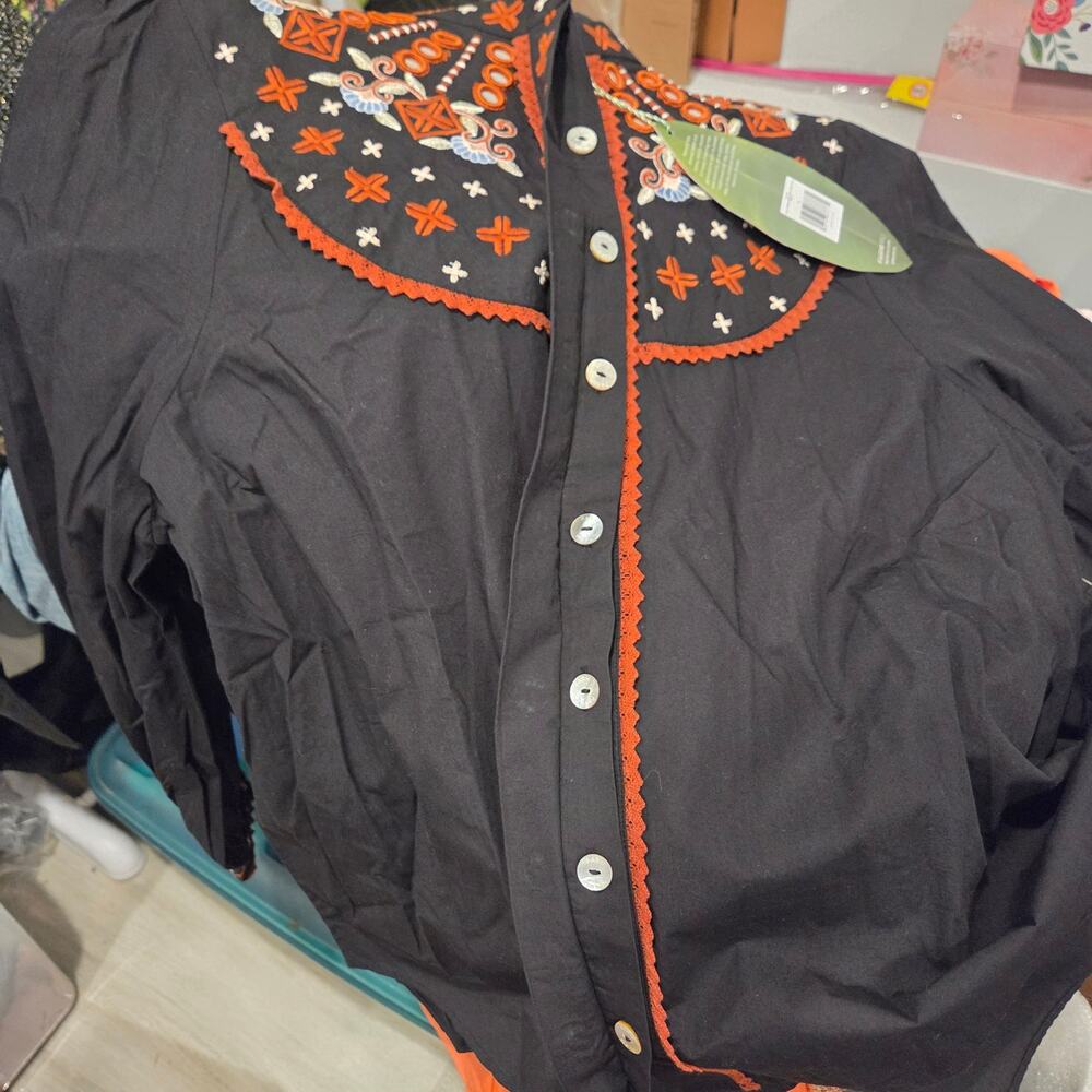 Farm Rio Embroidered cotton button front black blouse size XL - Picture 11 of 12
